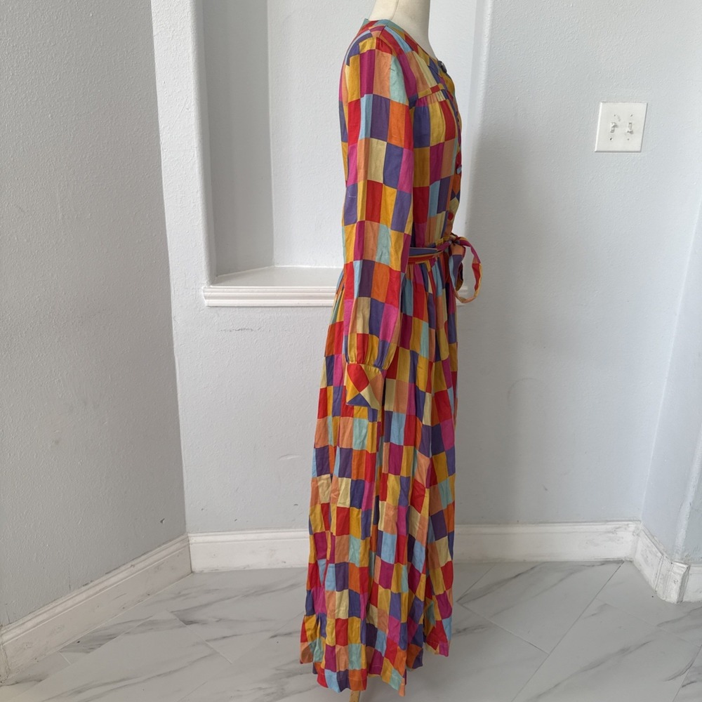 Maxi Dress M Colorblock Rainbow Belted Boho 80s Artsy Mod‎ Festival - Picture 5 of 14